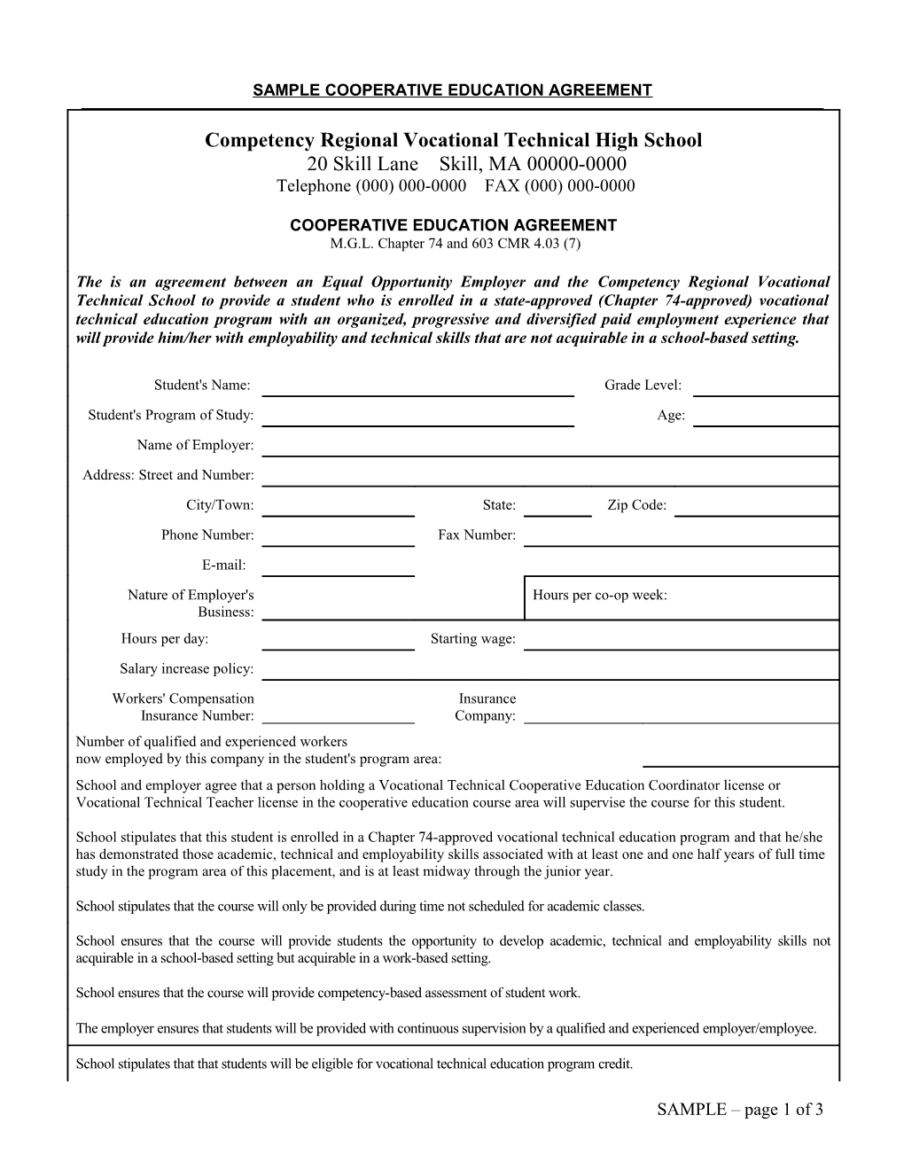 Sample Cooperative Education Agreement