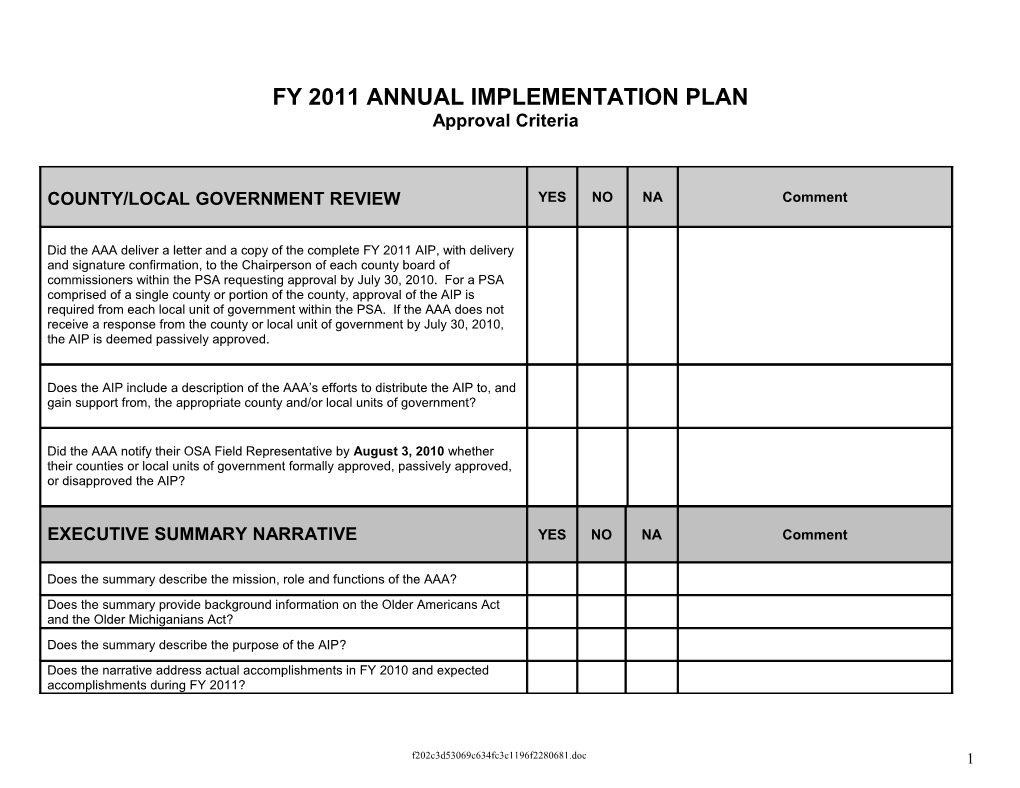 Annual Implementation Plan Approval Criteria