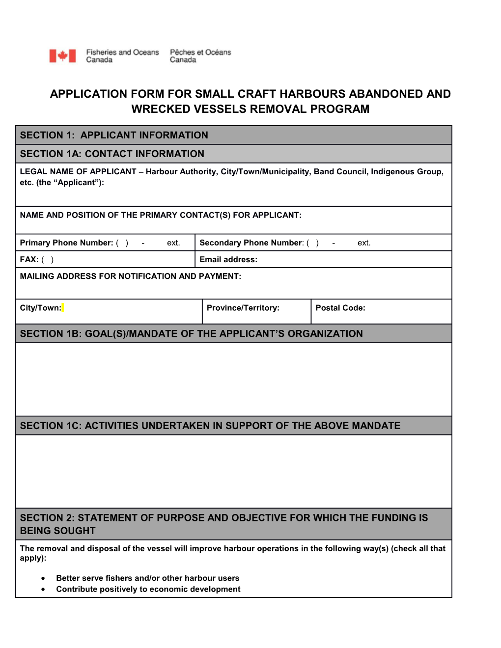 Application Form for Small Craft Harboursabandoned and Wrecked Vessels Removal Program