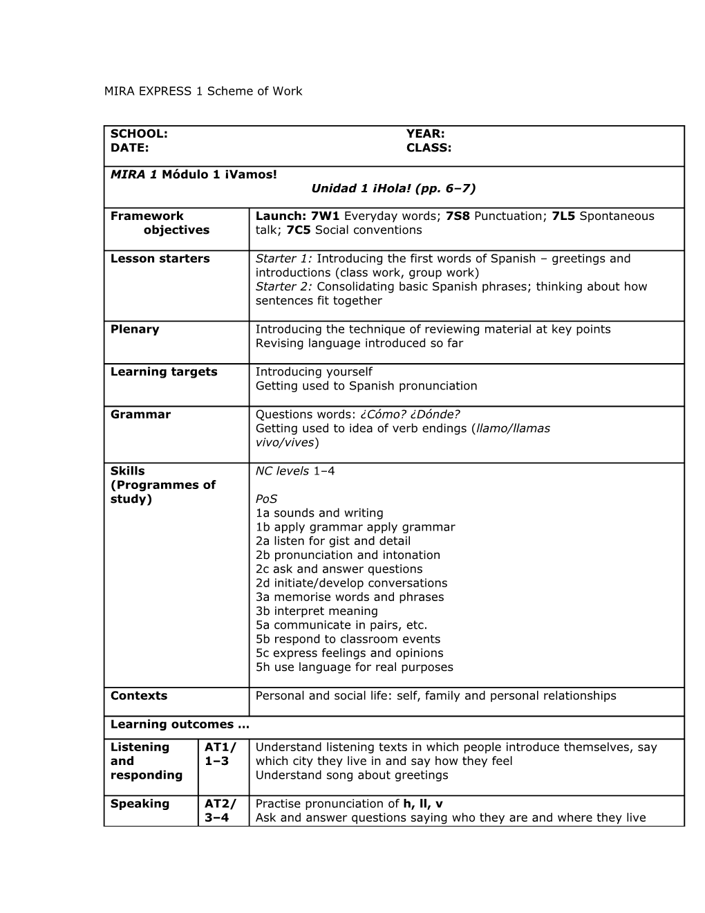 MIRA EXPRESS 1 Scheme of Work