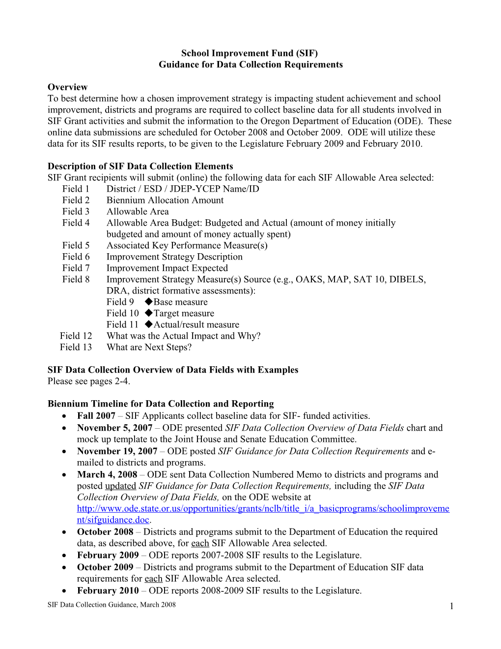 School Improvement Fund (SIF) Data Collection Overview