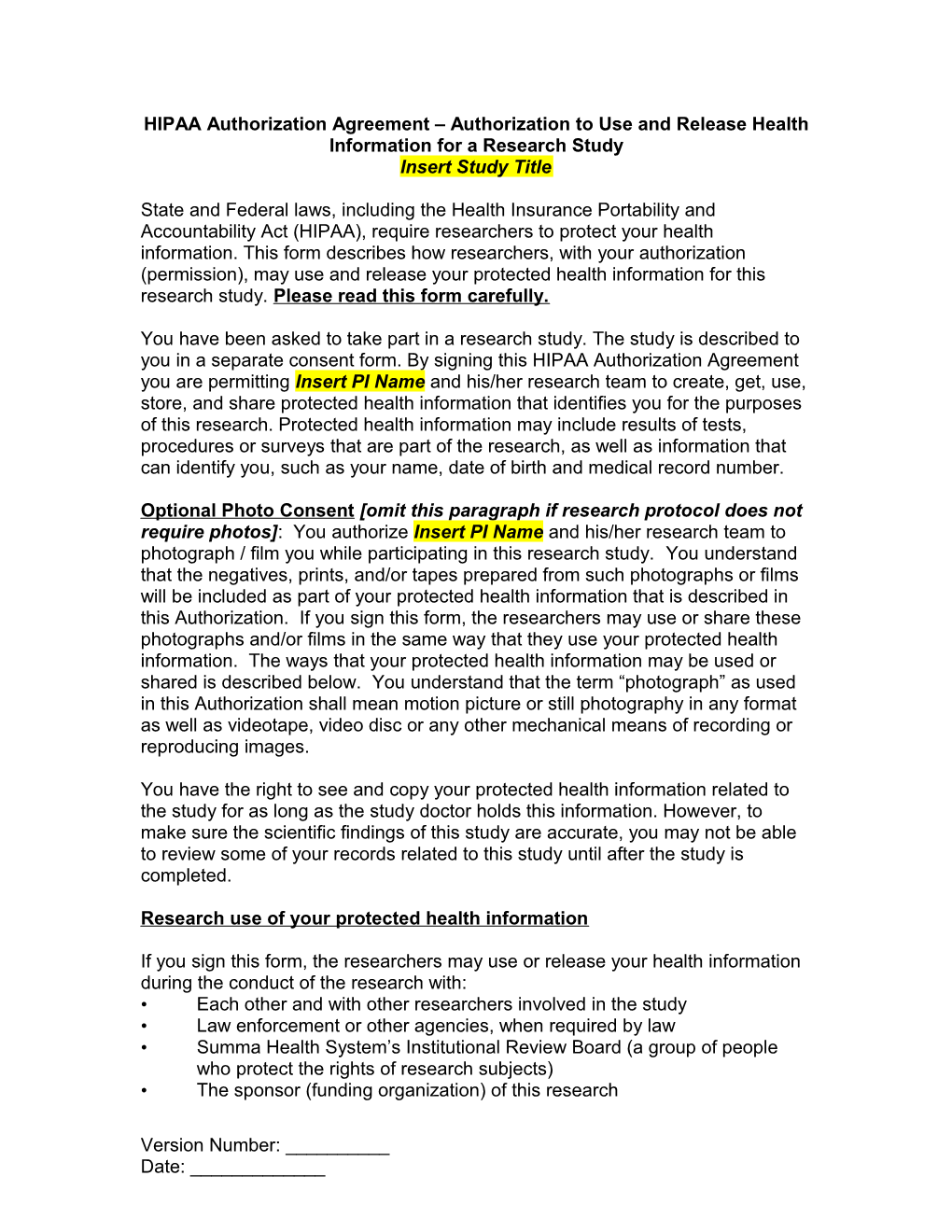 HIPAA Authorization Agreement Authorization to Use and Disclose (Release) Health Information