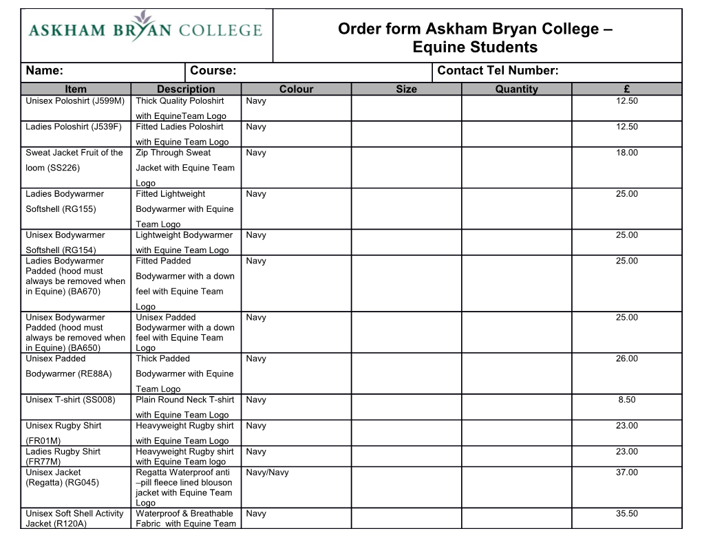 Order Form Askham Bryan College Equine