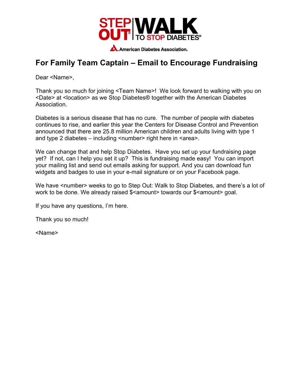 For Family Team Captain Email to Encourage Fundraising