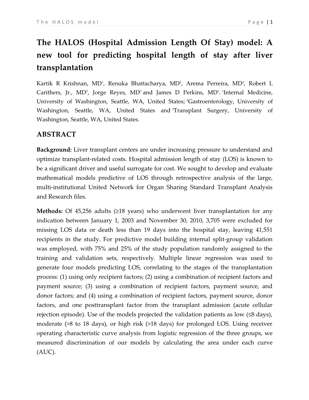 The HALOS (Hospital Admission Length of Stay) Model: a New Tool for Predicting Hospital