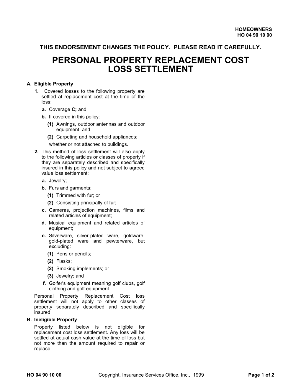 Personal Property Replacement Cost