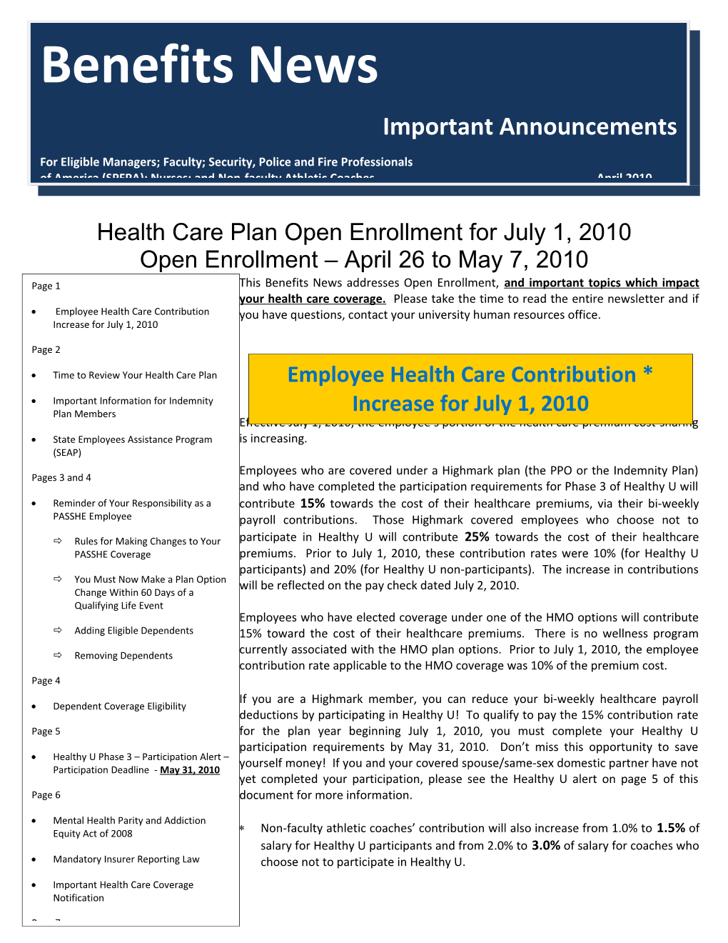 Health Care Plan Open Enrollment for July 1, 2010