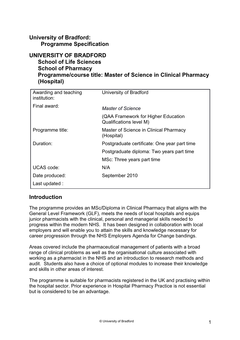 University of Bradford: Programme Specification