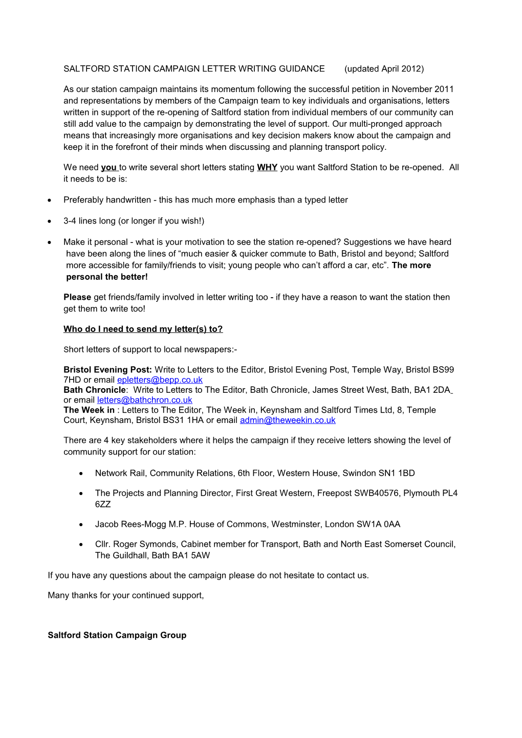 SALTFORD STATION CAMPAIGN LETTER WRITING GUIDANCE (Updated April 2012)