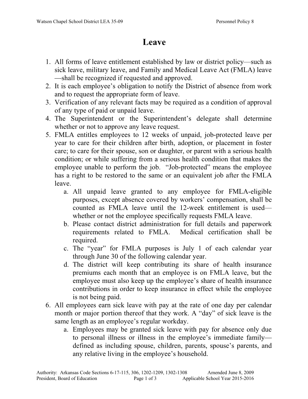 Watson Chapel School District LEA 35-09 Personnel Policy 8