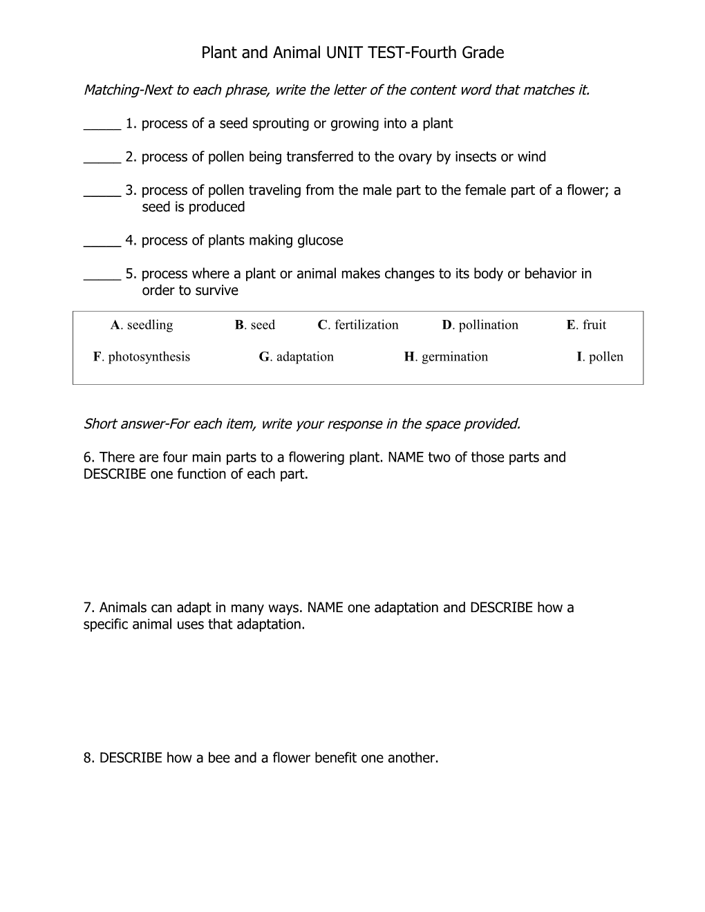 Plant and Animal UNIT TEST-Fourth Grade