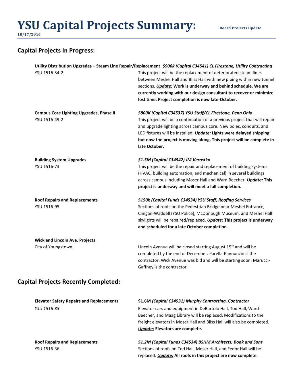 YSU Capital Projects Summary: Board Projects Update 10/17/2016