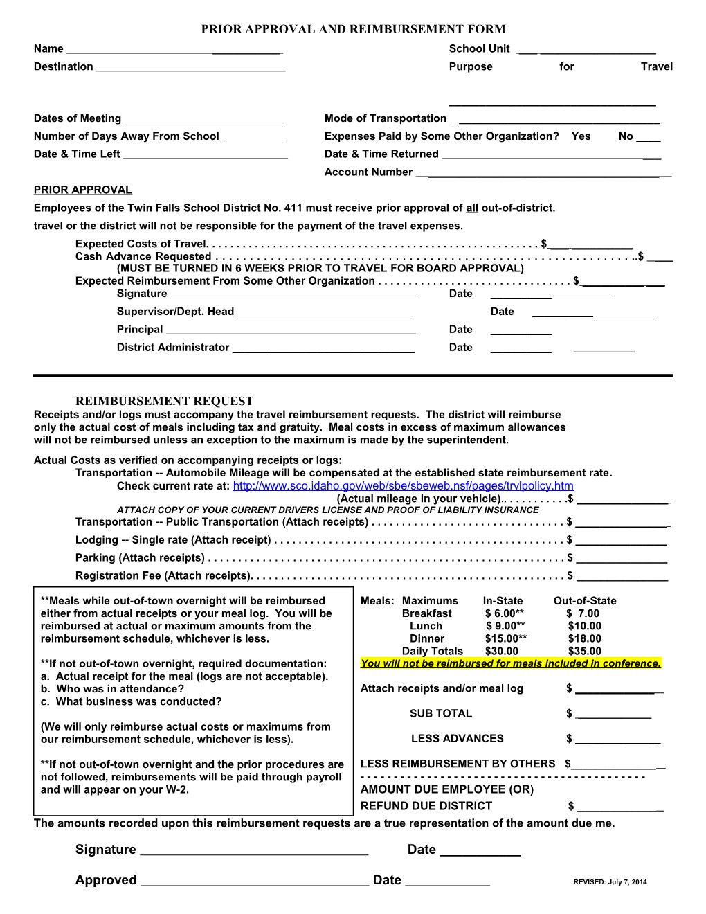Prior Approval and Reimbursement Form