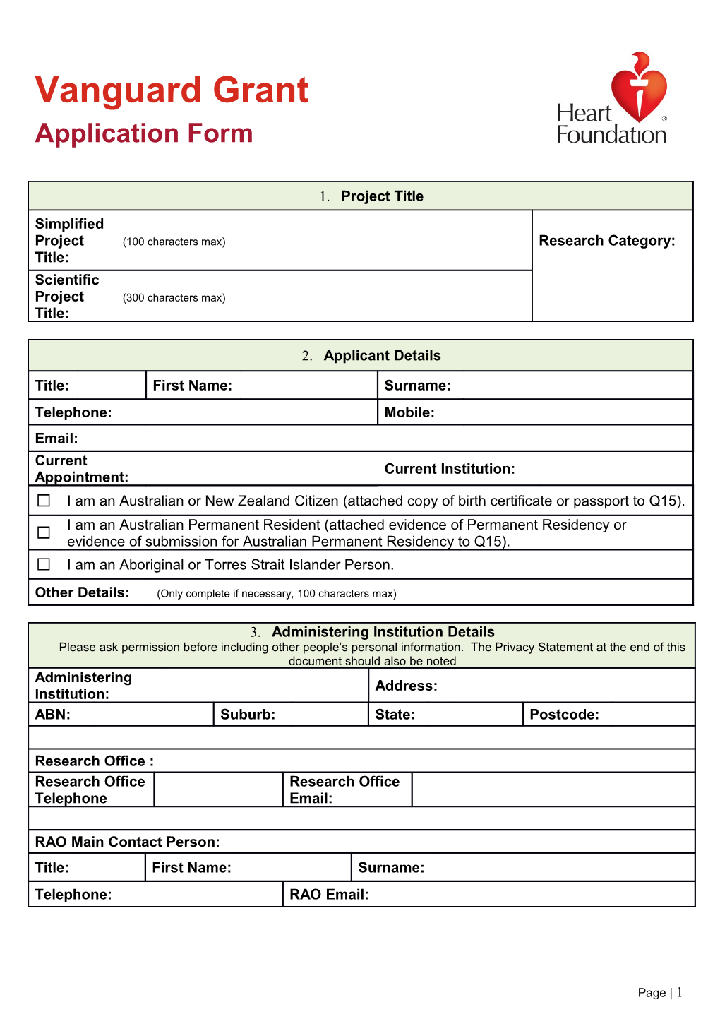 Vanguard Grants Application Form 2013