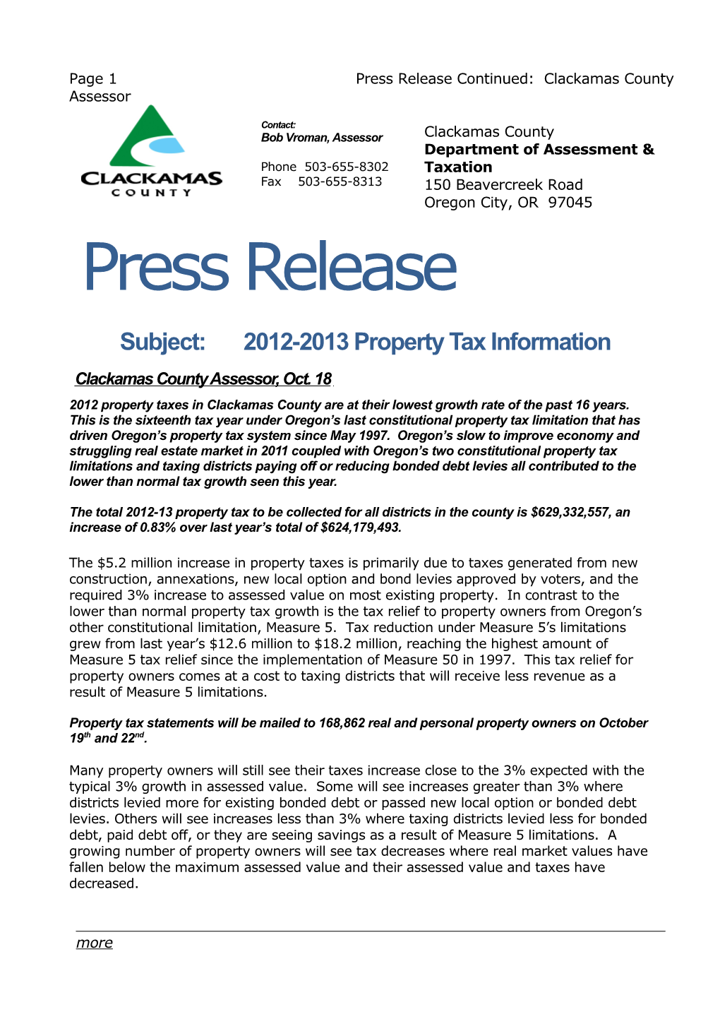 Page 3 Press Release Continued: Clackamas County Assessor