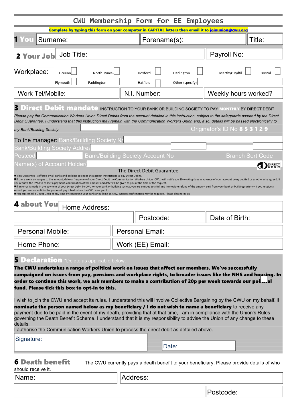 CWU Membership Form for EE Employees