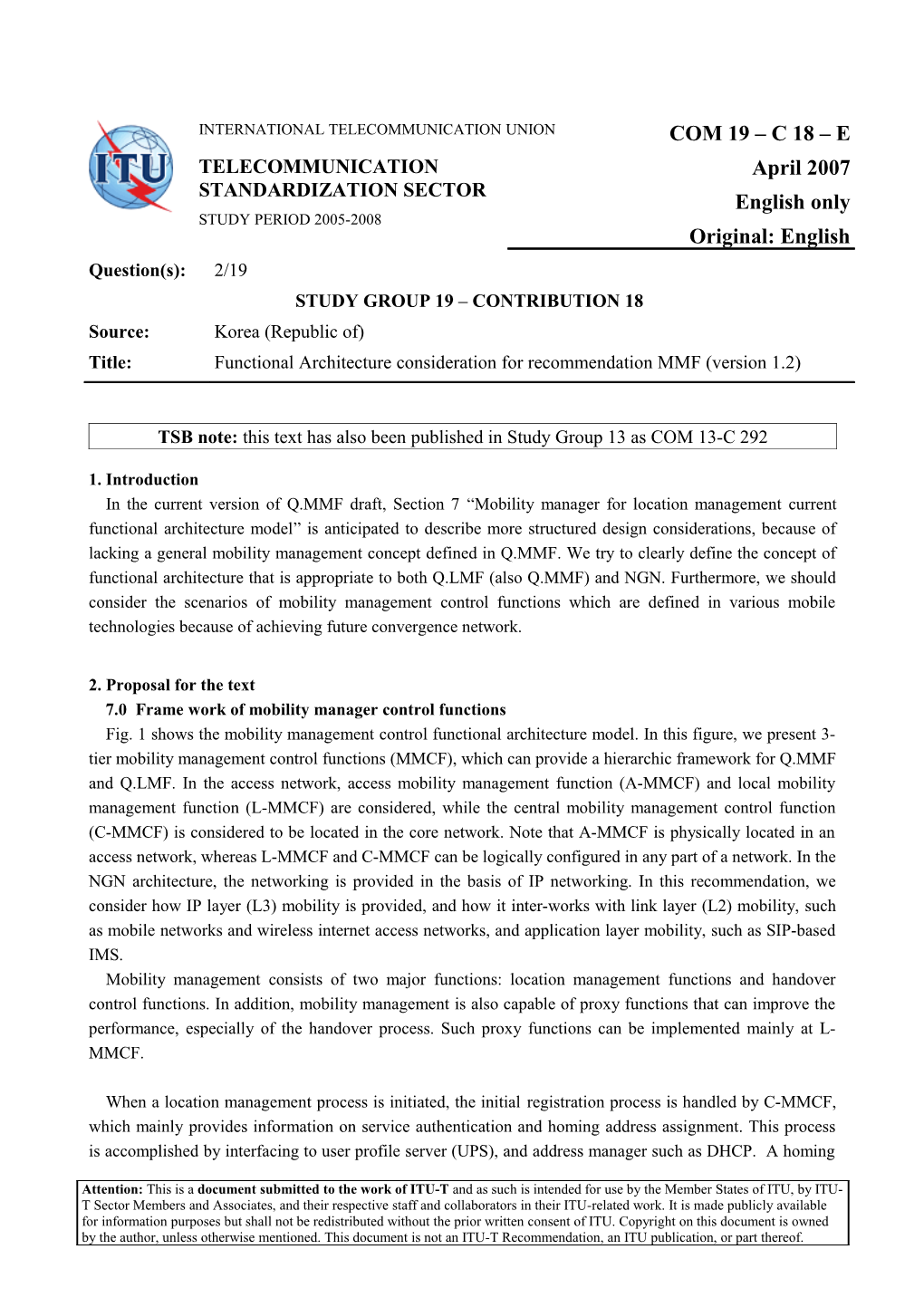 STUDY GROUP 19 CONTRIBUTION 18: Functional Architecture Consideration for Recommendation