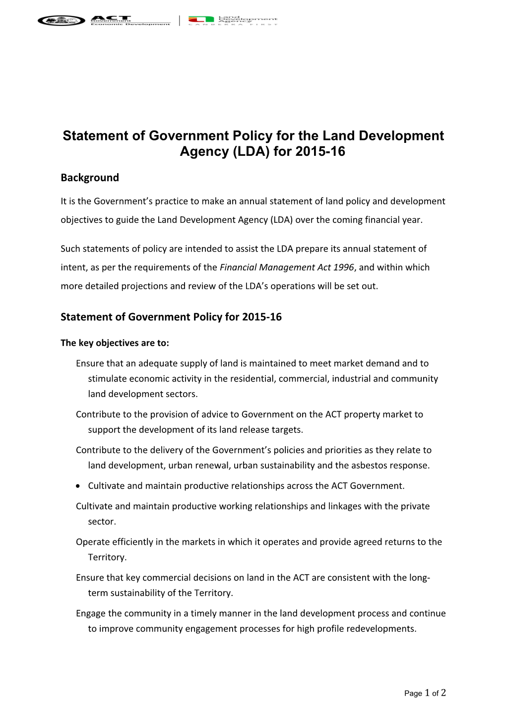 Statement of Government Policy: Land Policy and Development Objectives for 2011-12