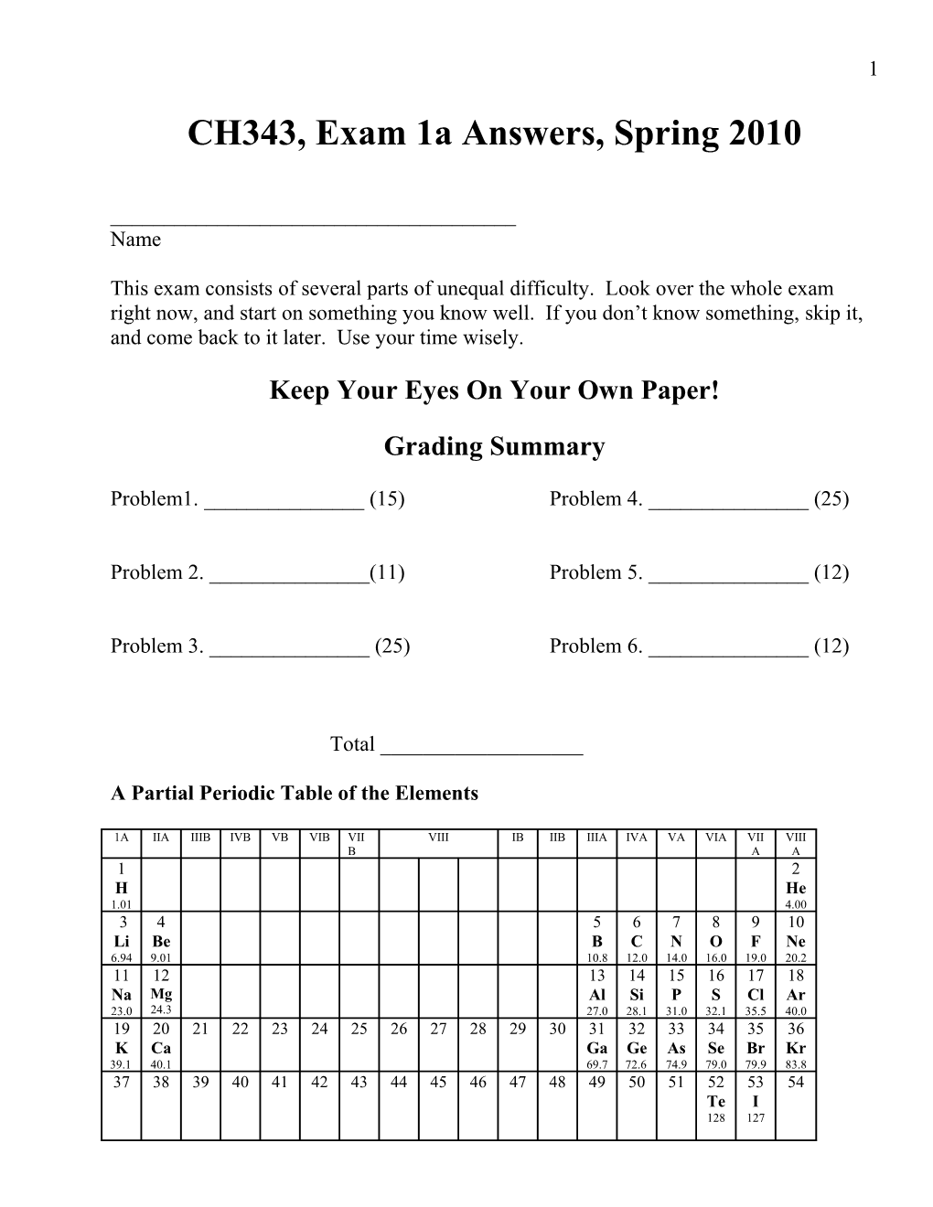 Exam 1A Answers, Spring 2010