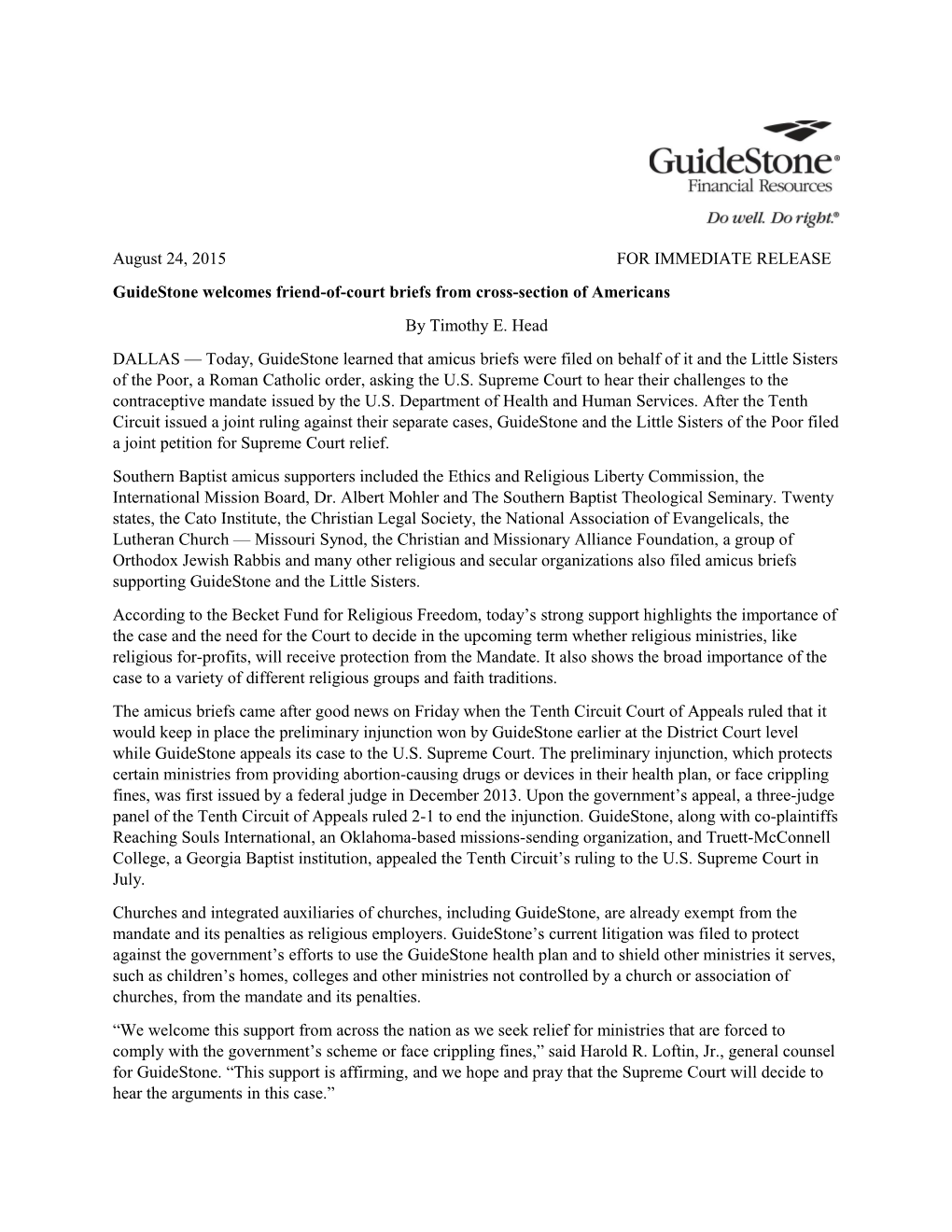 Guidestone Welcomes Friend-Of-Court Briefs from Cross-Section of Americans