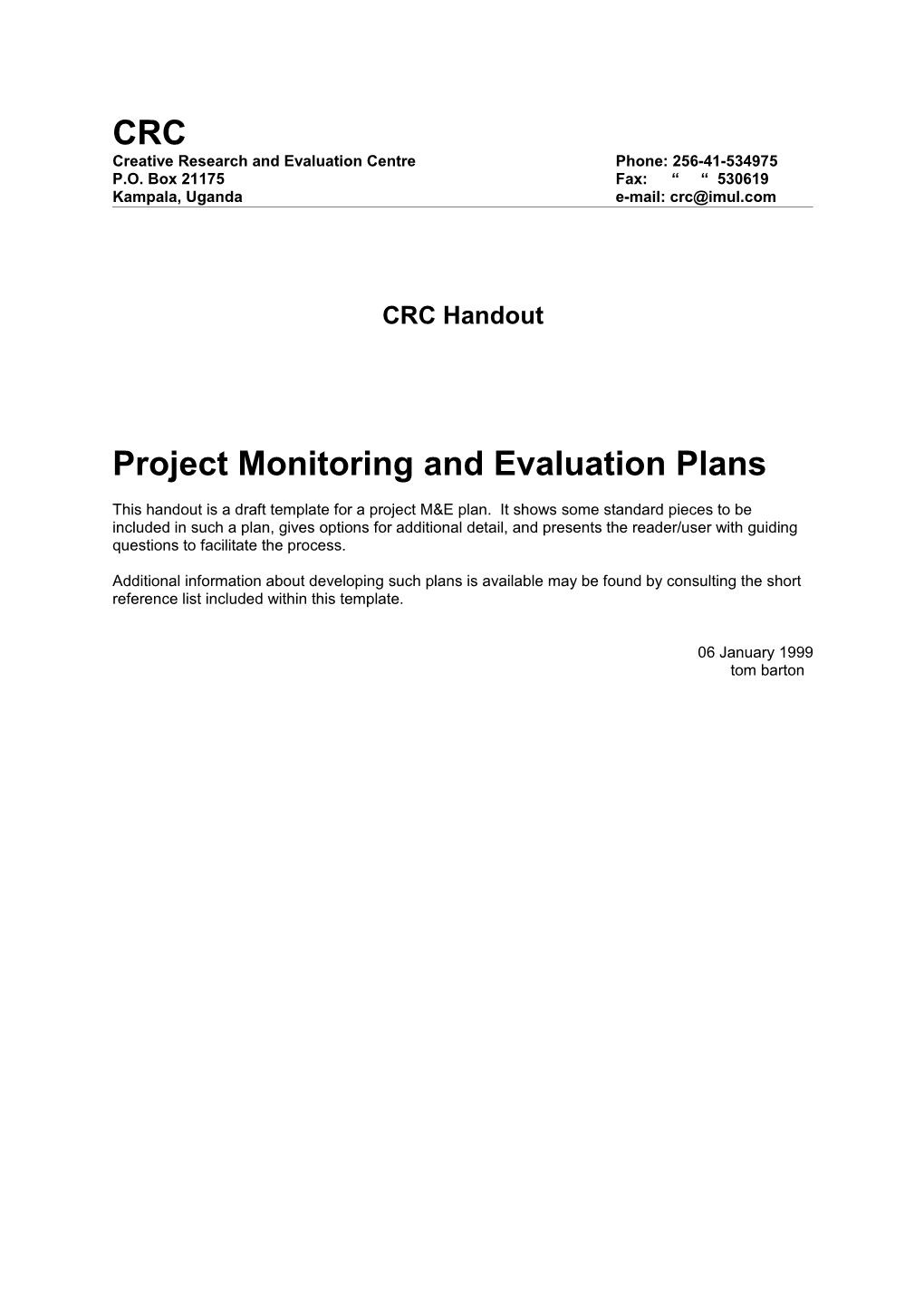 Project Monitoring And Evaluation Plans_CRC Handout