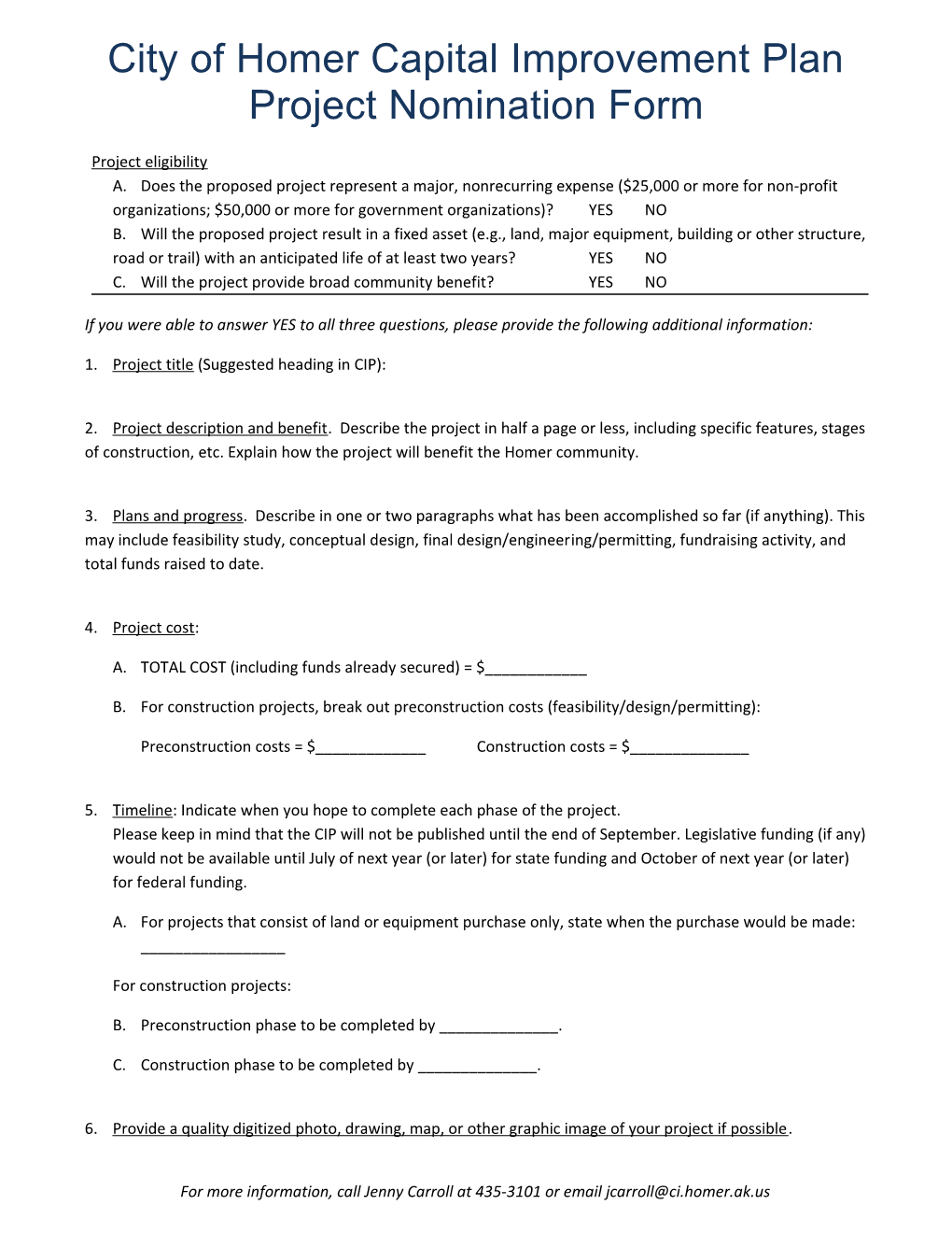 City of Homer Capital Improvement Plan Project Nomination Form