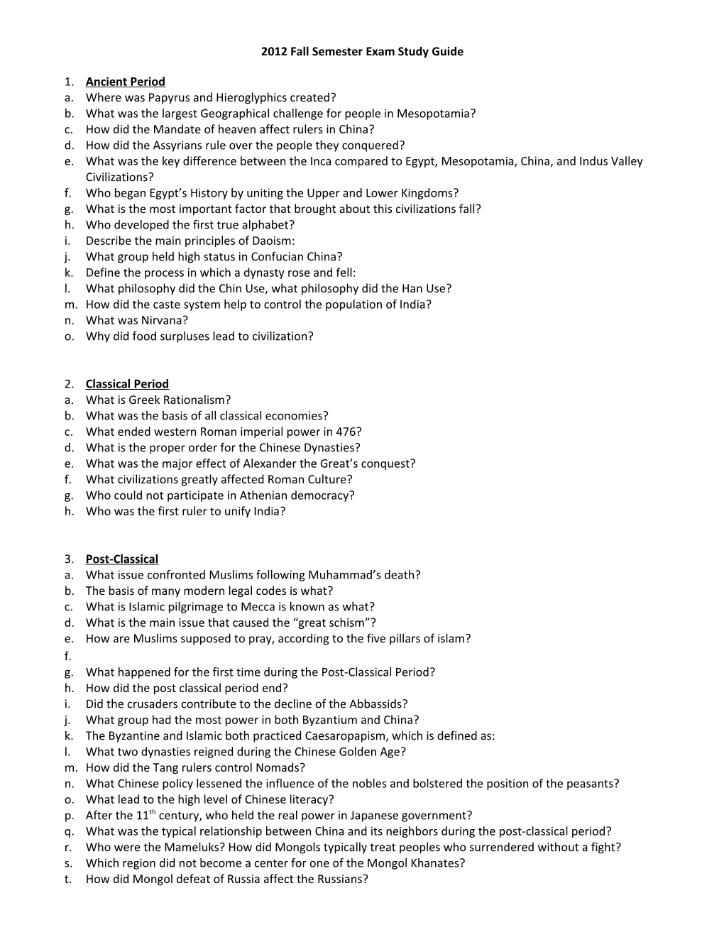 2012 Fall Semester Exam Study Guide