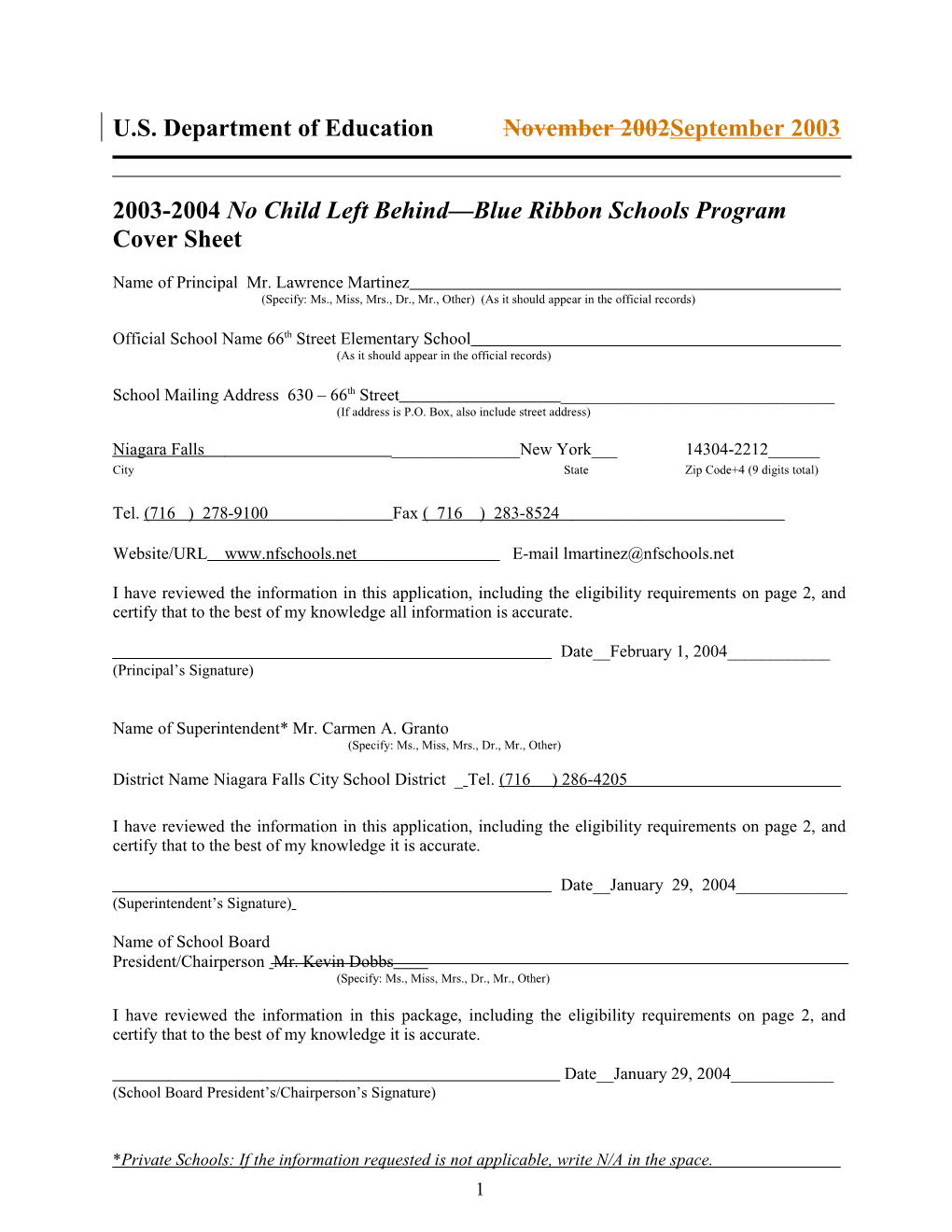 Sixty Sixth Street Elementary School 2004 No Child Left Behind-Blue Ribbon School Application