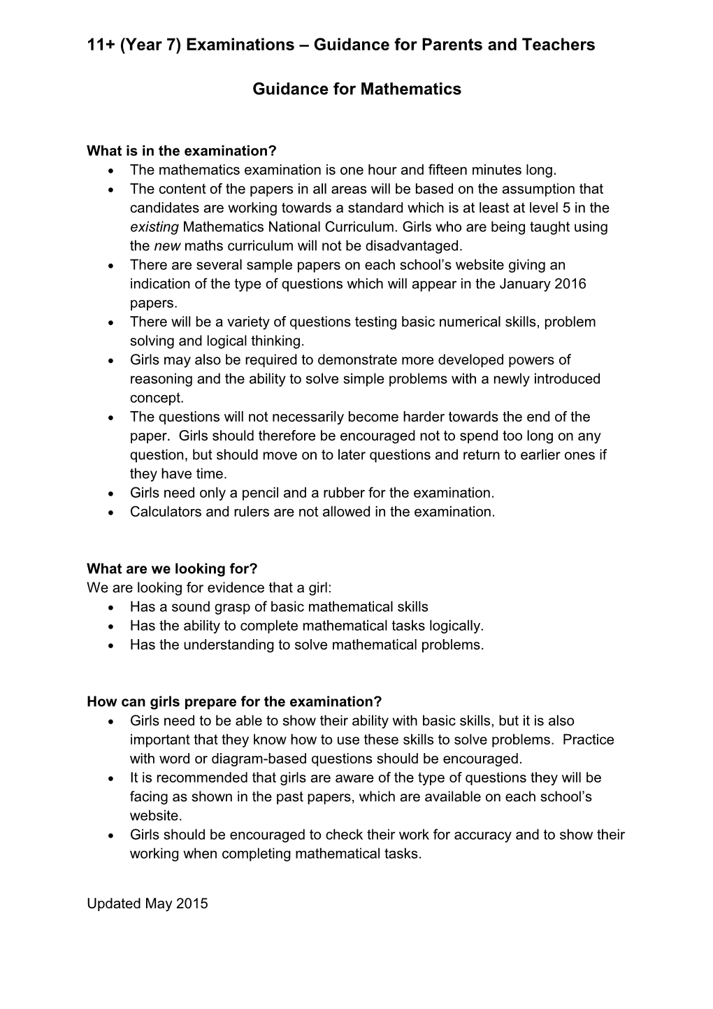11+ (Year 7) Examinations Guidance for Parents and Teachers
