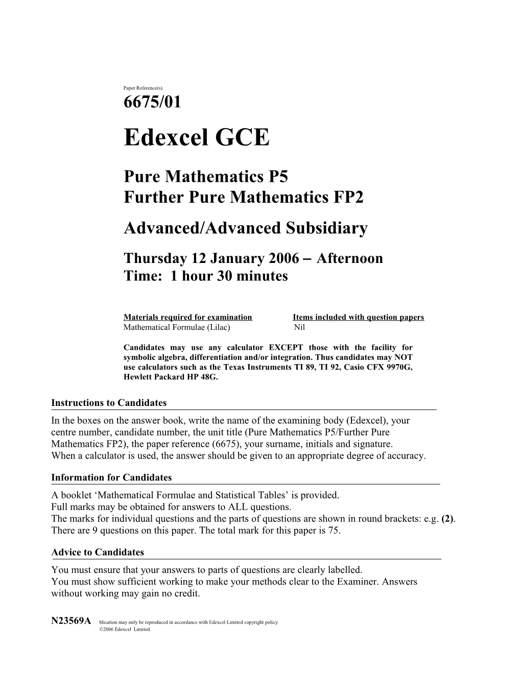 January 2006 - 6675 Pure P5 and Further Pure FP2 - Question Paper