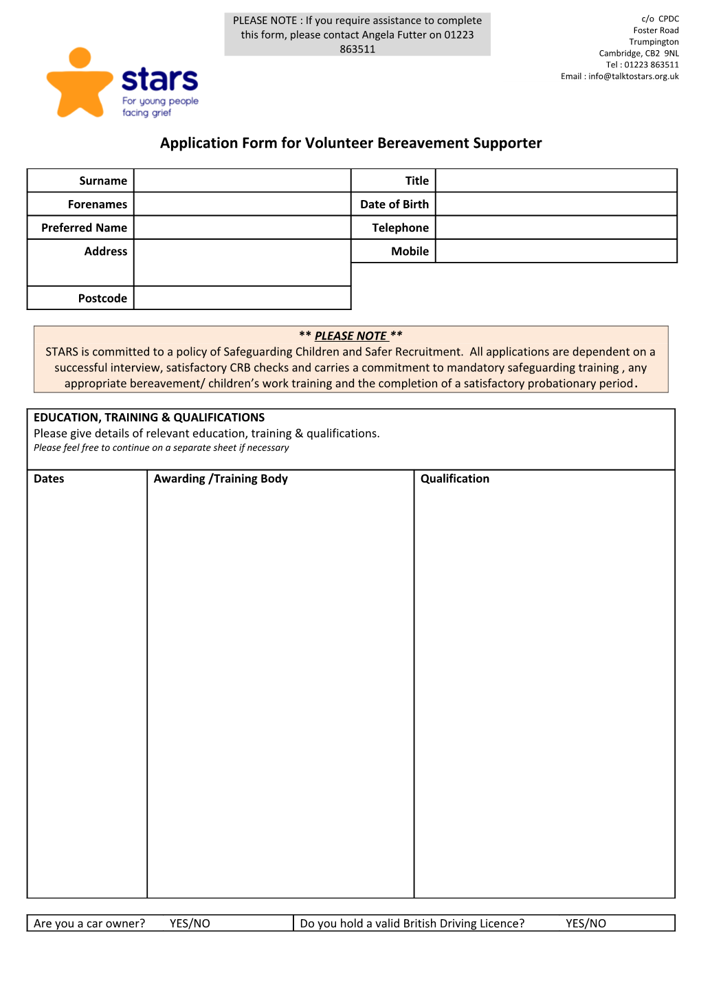 Application Form for Volunteer Bereavement Supporter