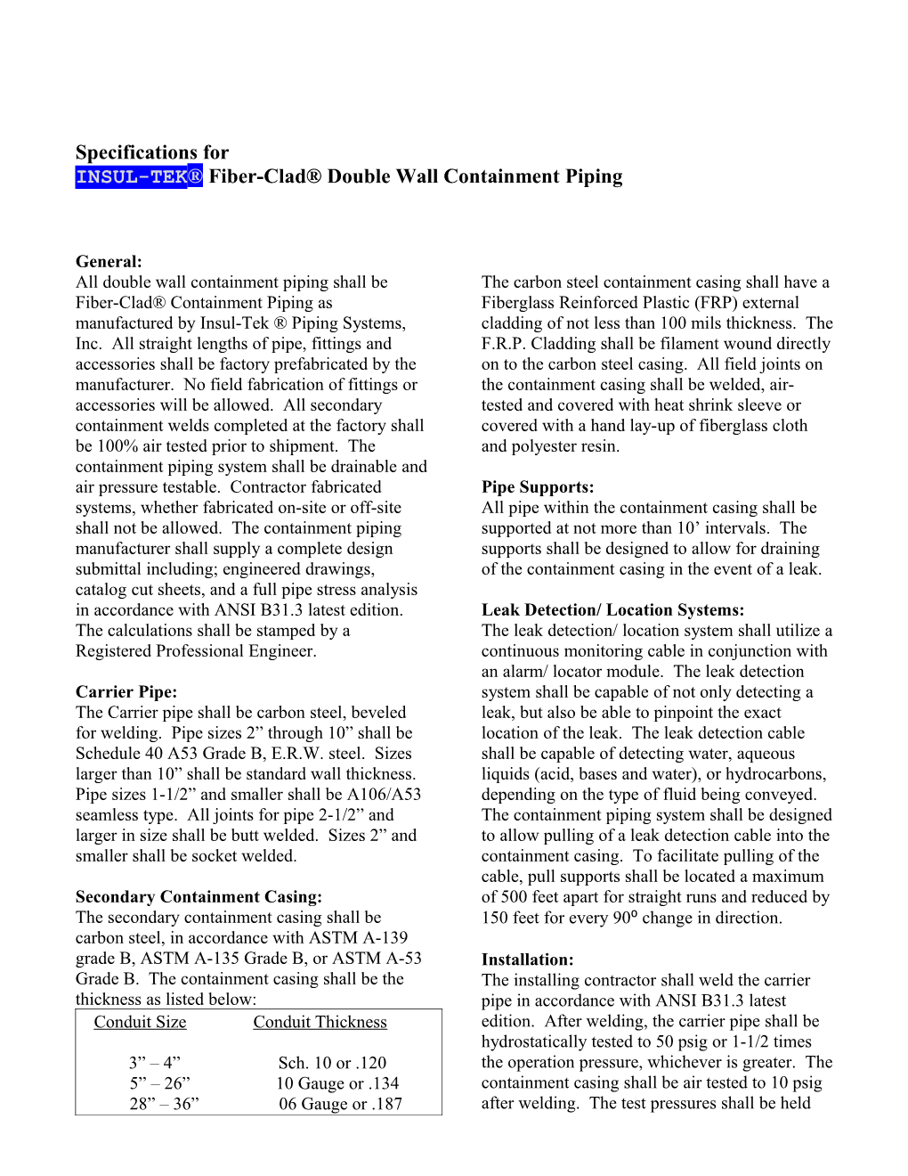 INSUL-TEK Fiber-Clad Double Wall Containment Piping