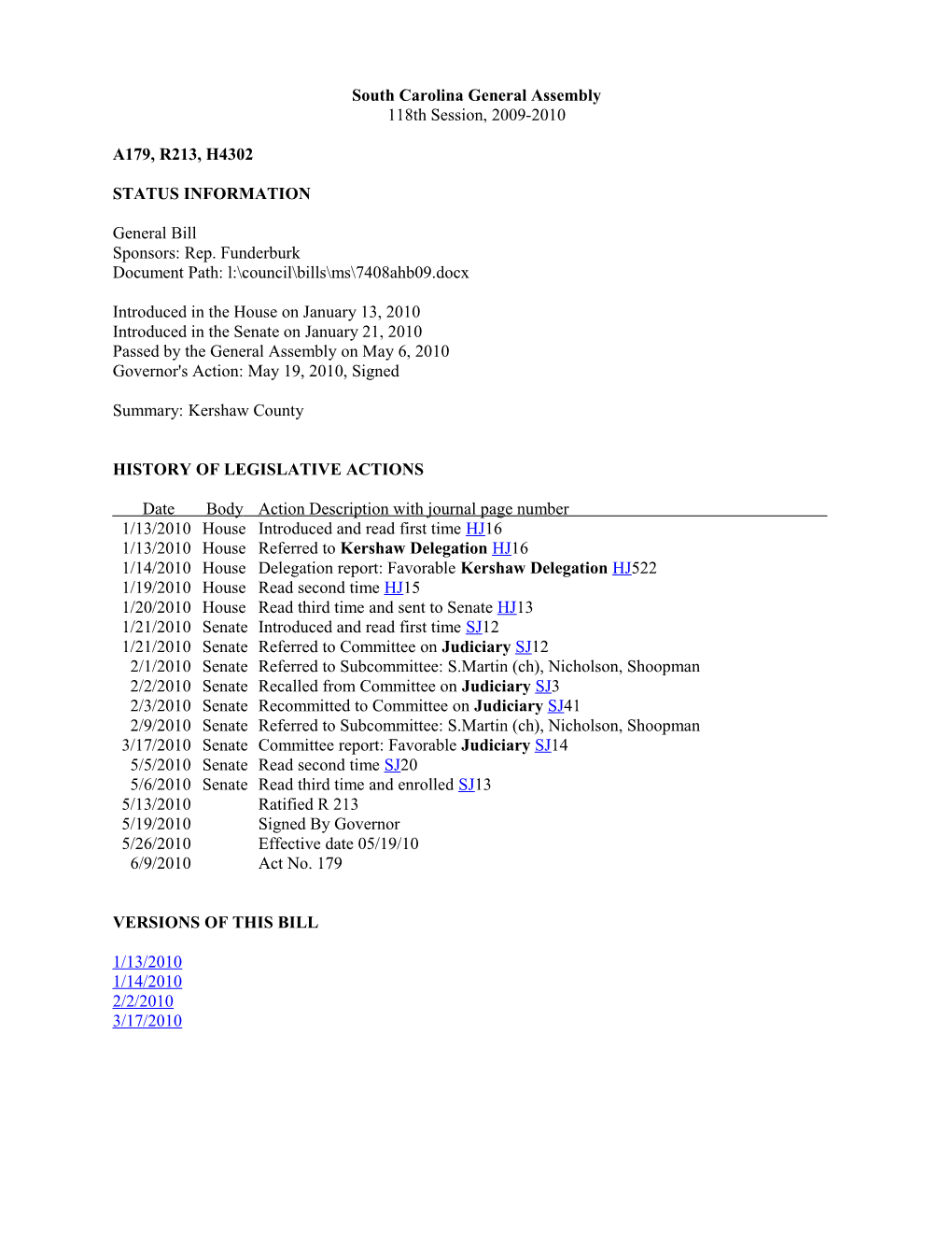 2009-2010 Bill 4302: Kershaw County - South Carolina Legislature Online