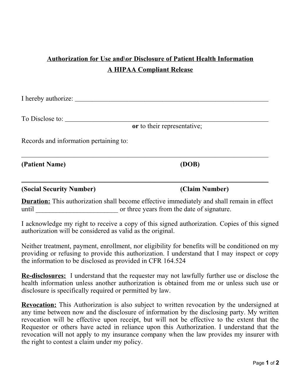 Authorization for Use and Or Disclosure of Patient Health Information