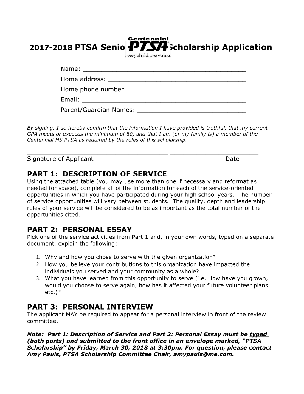 2017-2018 PTSA Senior Service Scholarship Application