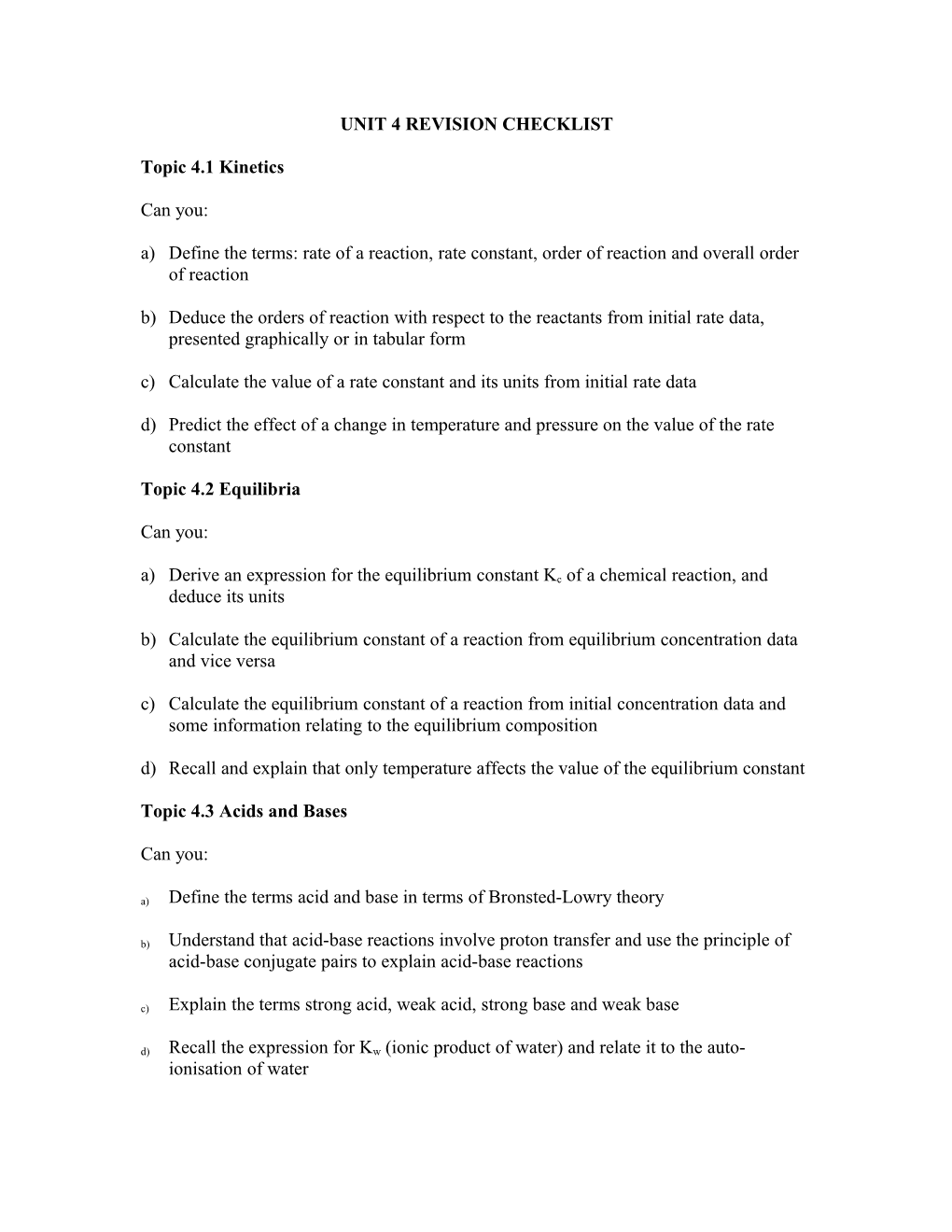 Unit 4 Revision Checklist