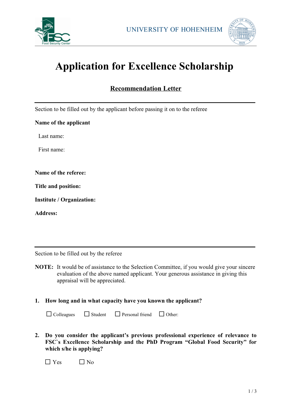 Application for Excellence Scholarship