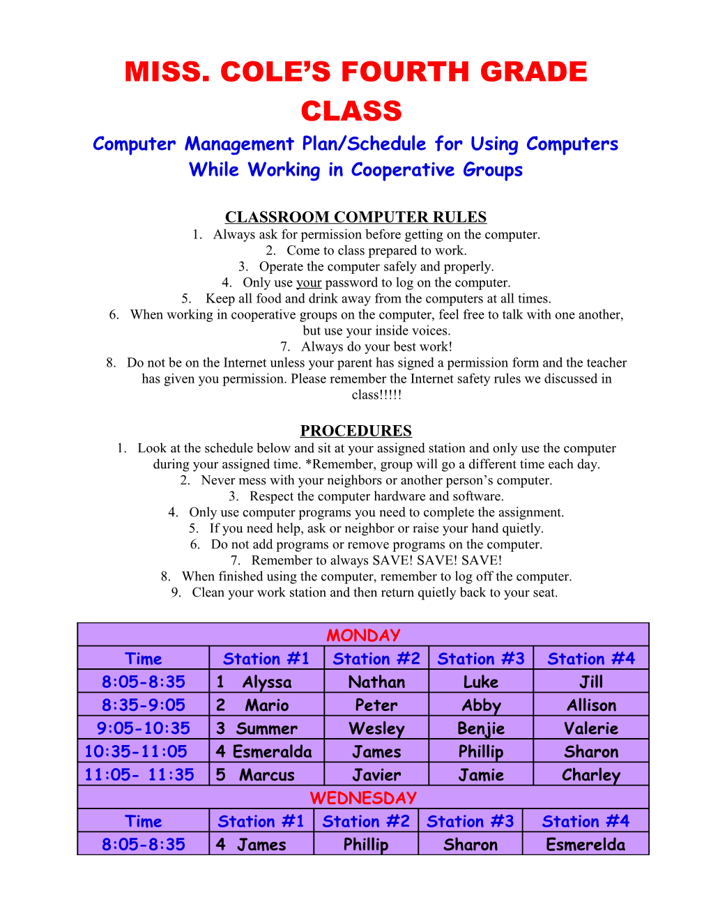 Computer Management Plan/Schedule for Using Computers While Working in Cooperative Pairs