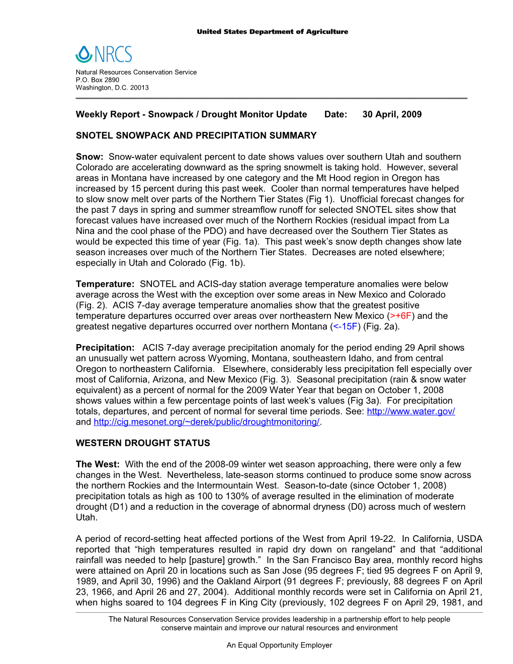 Weekly Report Drought Monitor / Snowpack Update s2