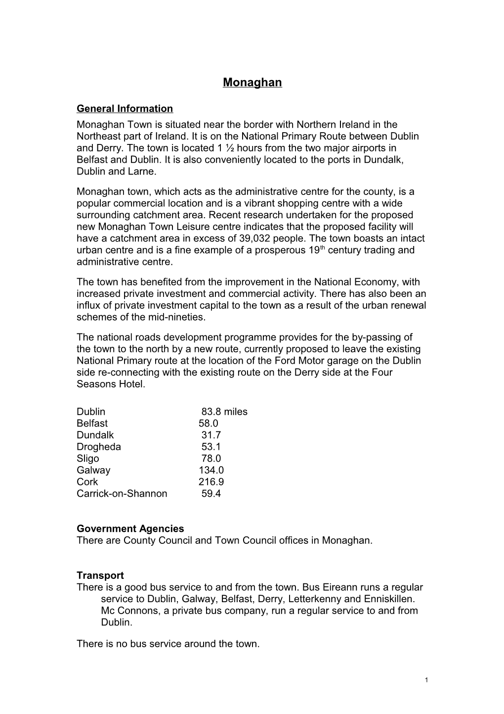 Monaghan Town: Decentralisation Information for Civil & Public Servants