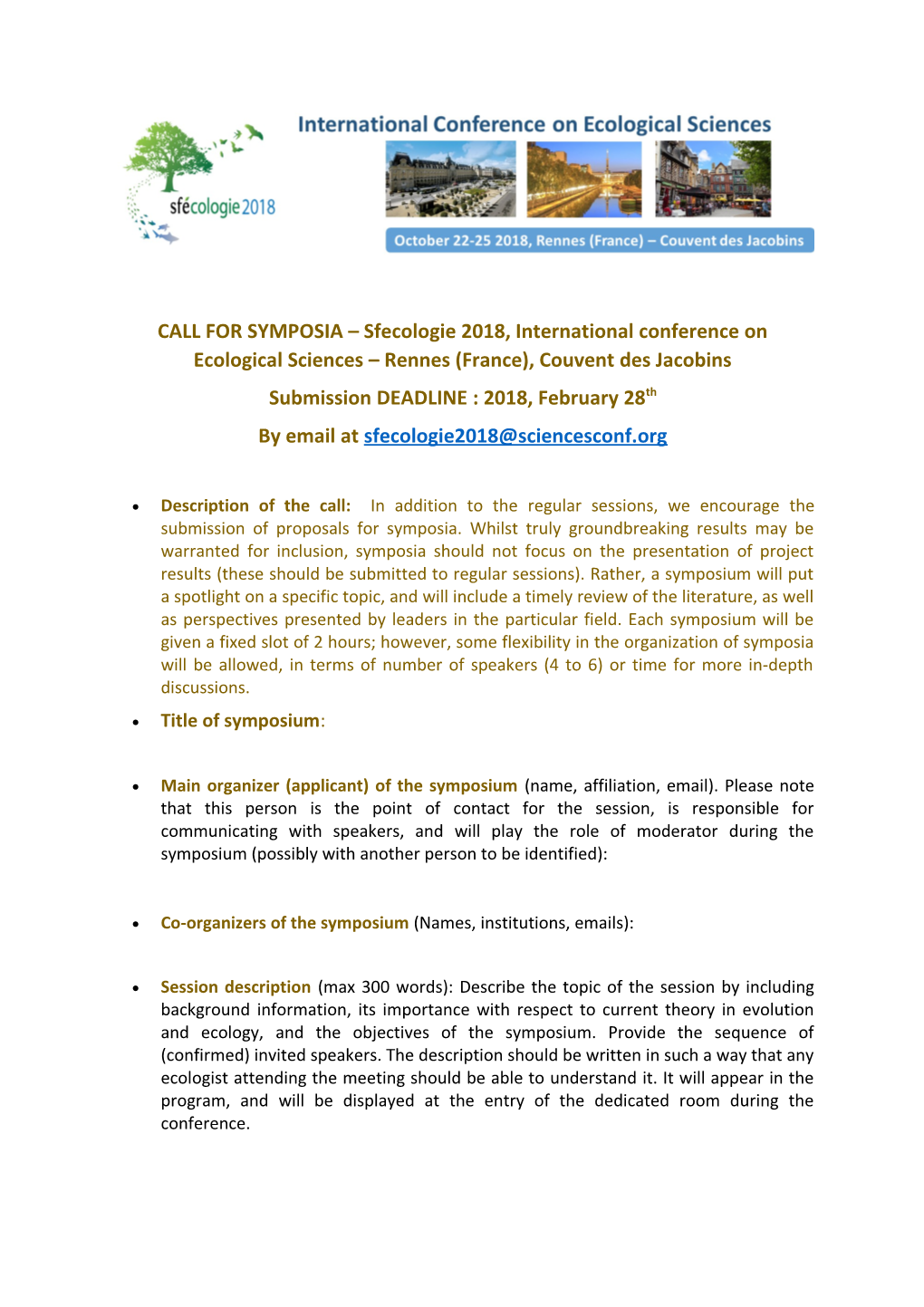 CALL for SYMPOSIA Sfecologie 2018, International Conference on Ecological Sciences Rennes