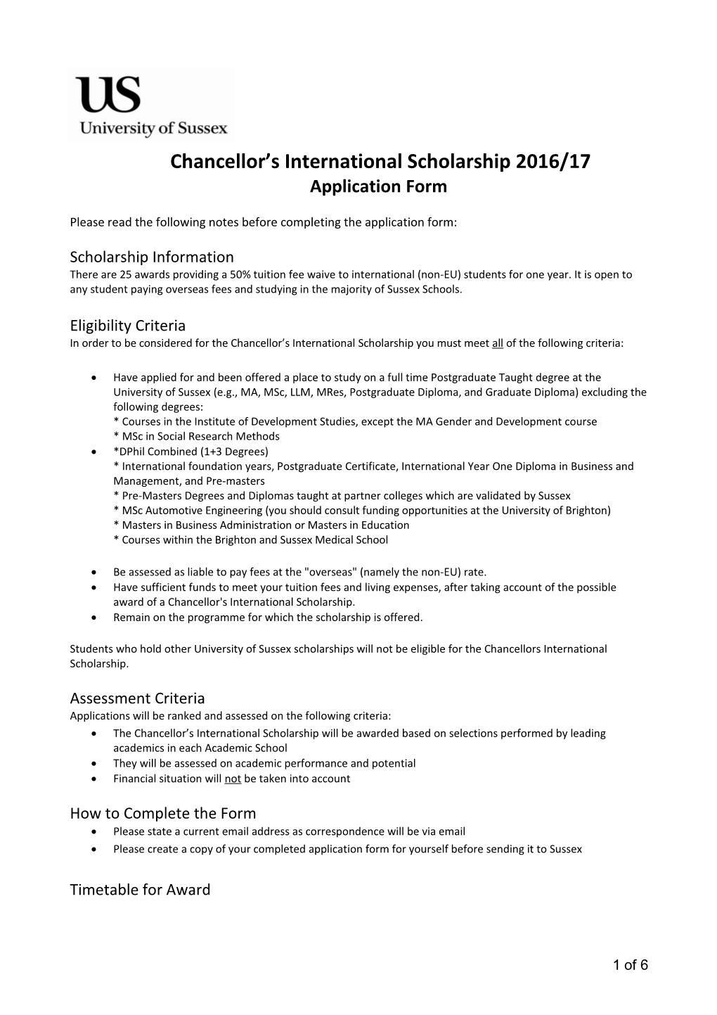 Application Form for Chancellor's International Scholarship