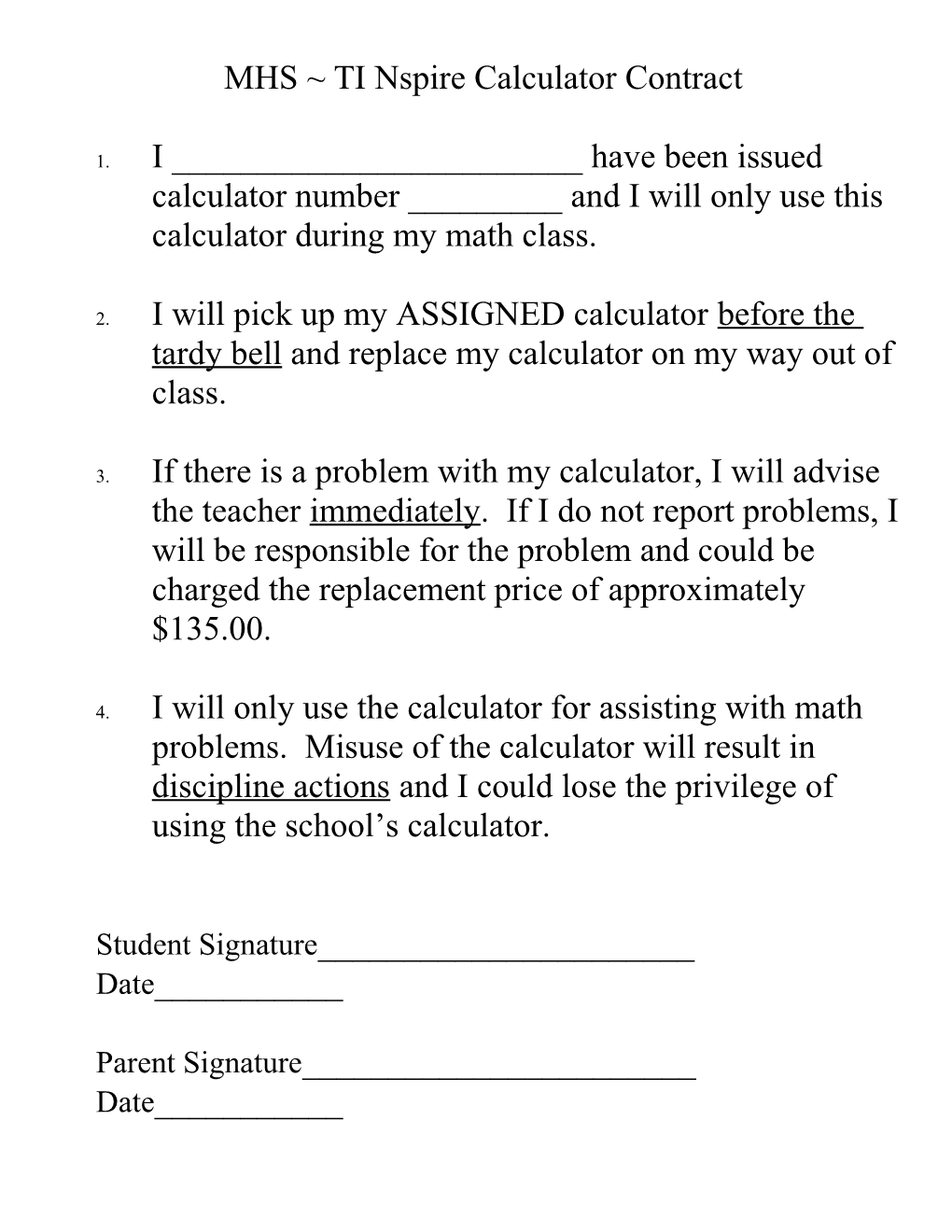 FHS TI 83 Calculator Contract
