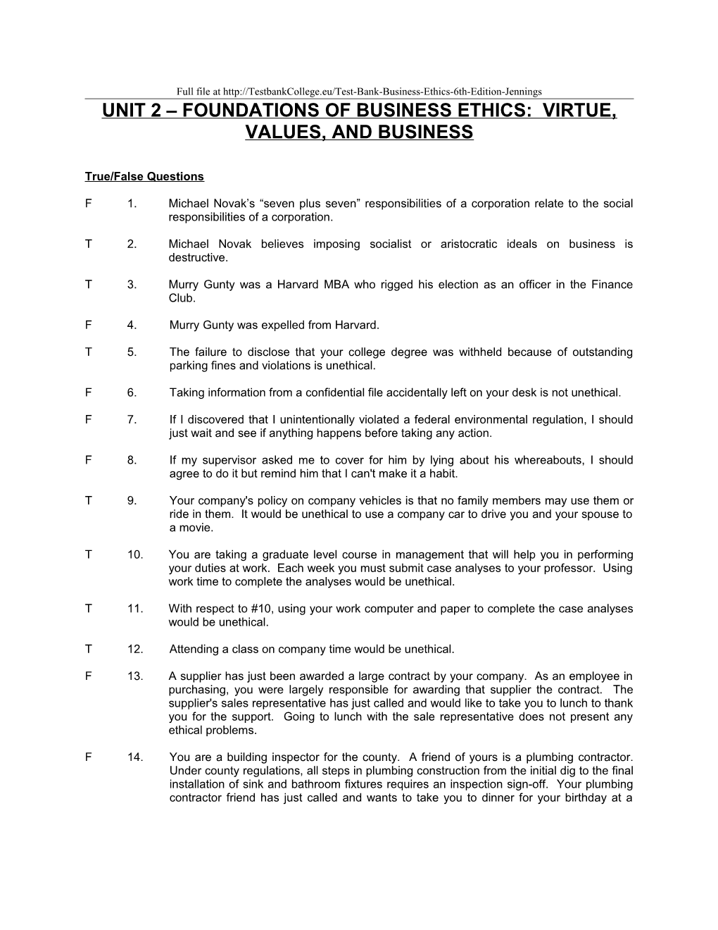 Unit 2 Foundations of Business Ethics: Virtue, Values, and Business