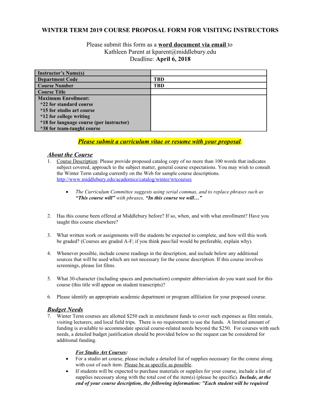 Winter Term 2007 Course Proposal Form For Visiting Instructors