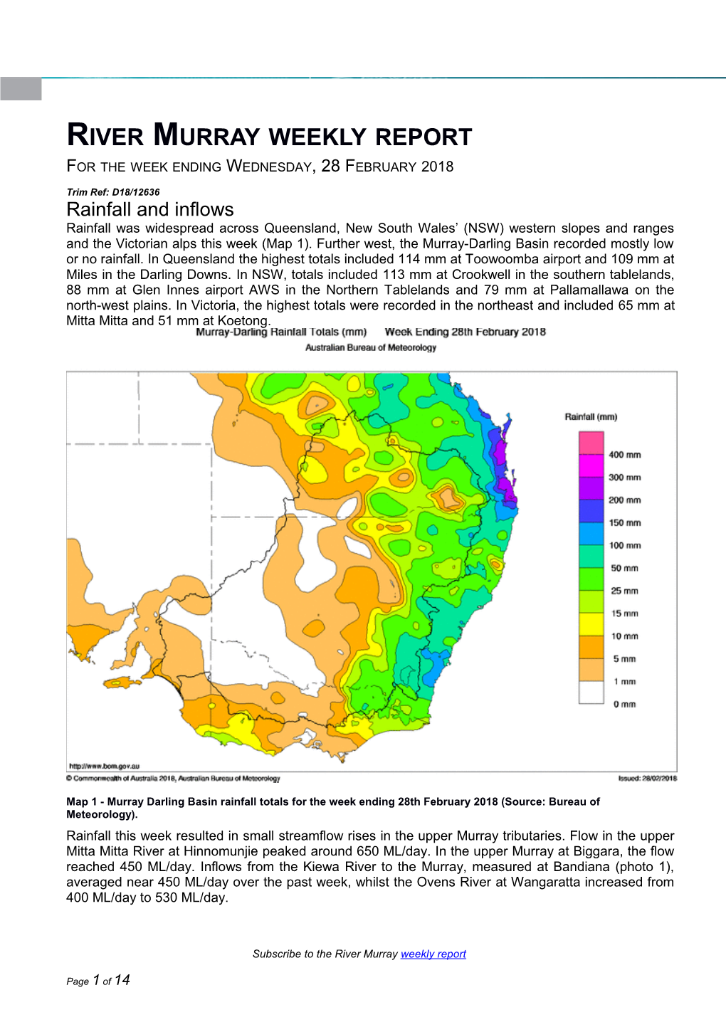 River Murray Operations Weekly Report 28Th February 2018