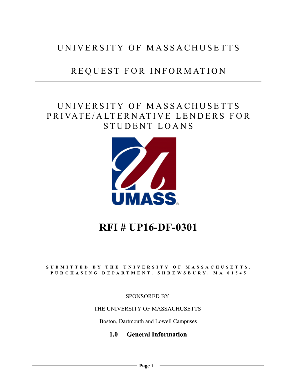 Submitted by the University of Massachusetts, Purchasing Department, Shrewsbury, Ma 01545
