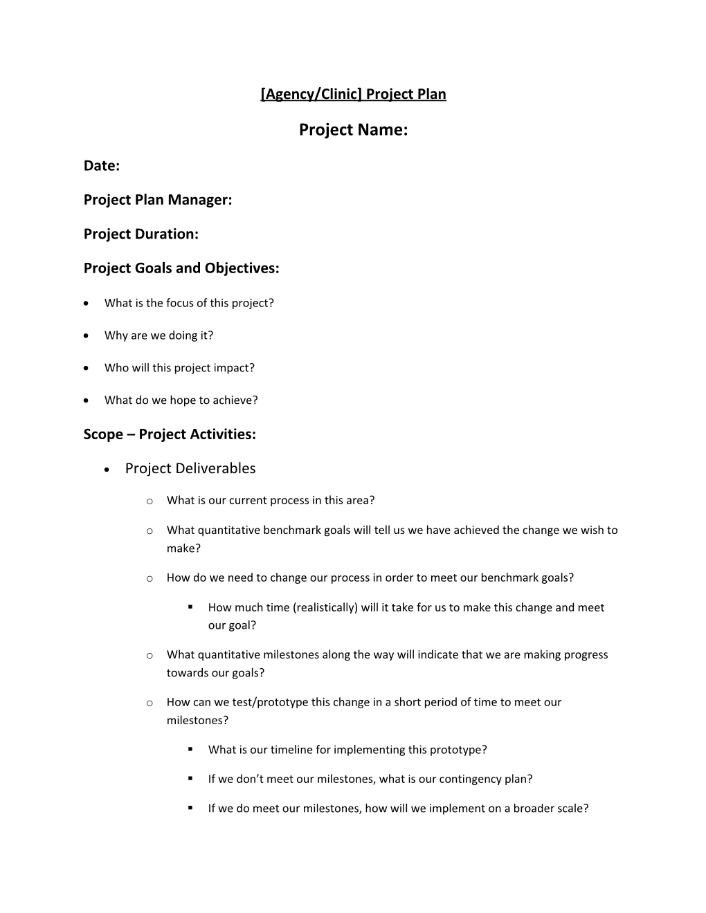 Agency/Clinic Project Plan