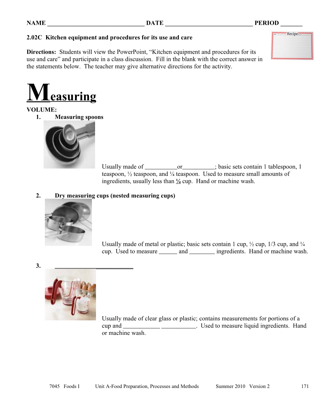 2.02Ckitchen Equipment and Procedures for Its Use and Care