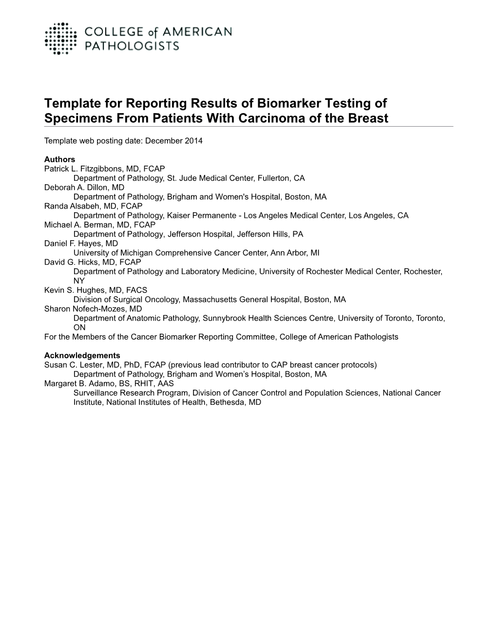 Template for Reporting Results of Biomarker Testing of Specimens from Patients with Carcinoma